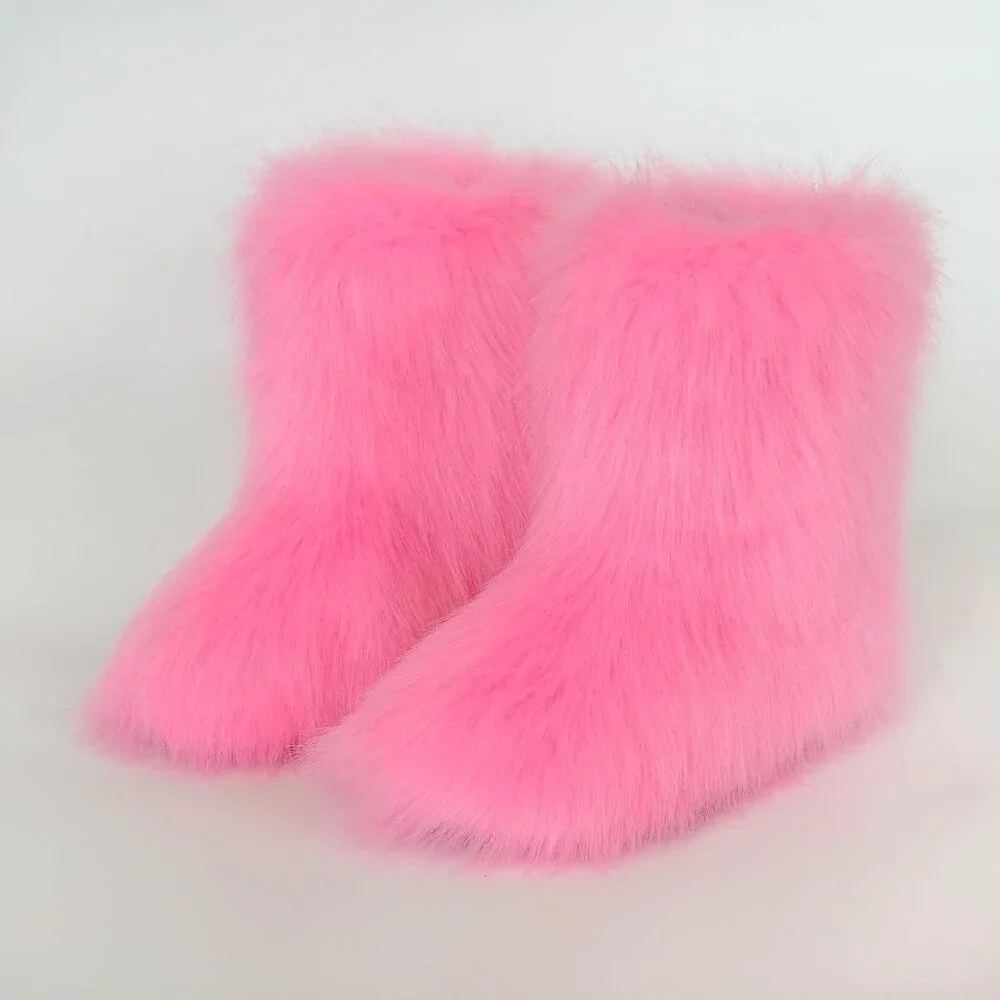 Women's Faux Fluffy Furry Fur Short Snow Warm Comfortable Mid Calf Pink Boots - Picture 4 of 5